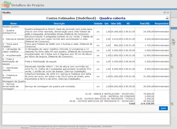 Visualização dos custos  e gastos nas tarefas e no projeto descriminados por elemento de despesa